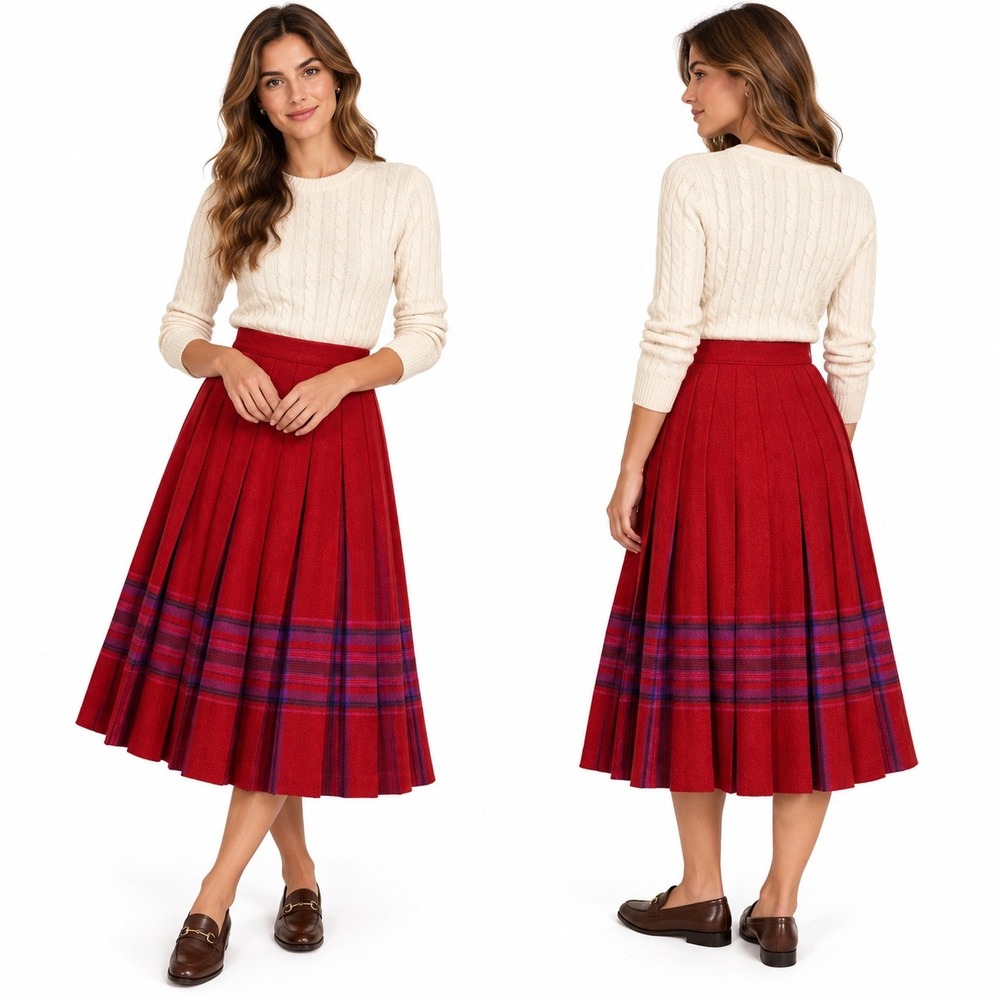 Vintage 70s Pendleton Pleated Wool Midi Skirt 6 Red Multi Plaid Dark Academia